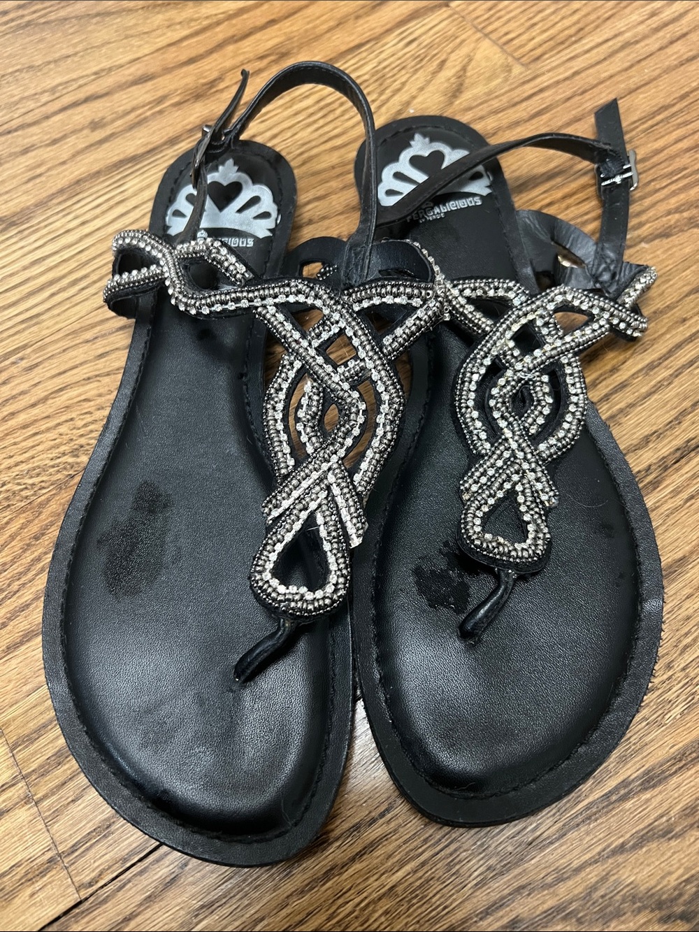 Fergalicious Black Beaded Women's T-Strap Sandals size 7.5